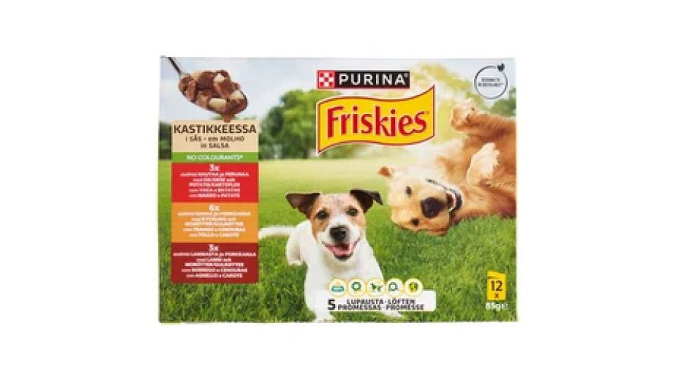 PURINA FRISKIES In Salsa Con Manzo e Patate, Pollo e Carote, Agnello e Carote 12 x 85 g