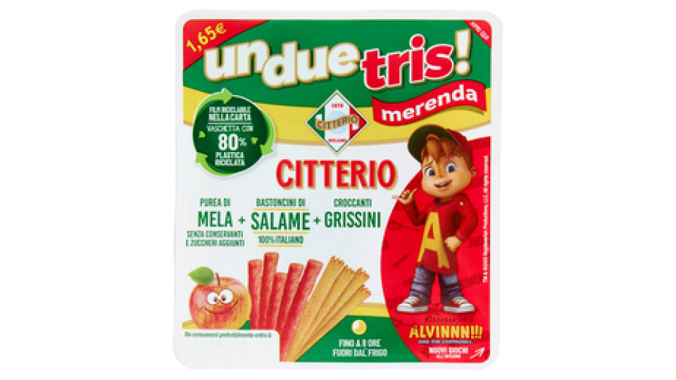 Citterio un due tris! merenda 90g di purea di mela + bastoncini di Salame + croccanti Grissini