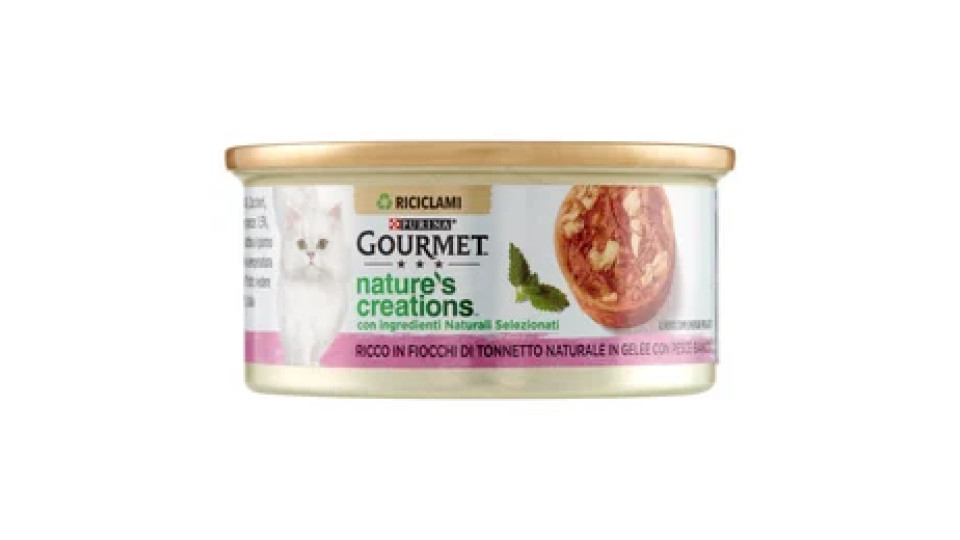 PURINA GOURMET Nature's Creations Ricco in Fiocchi di Tonnetto Naturale in Gelée e Pesce Bianco 70g