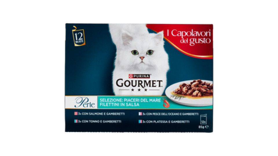 PURINA GOURMET Perle Piaceri del Mare Filettini in Salsa Salmone,Pesce Oceano,Tonno,Platessa 12x85g