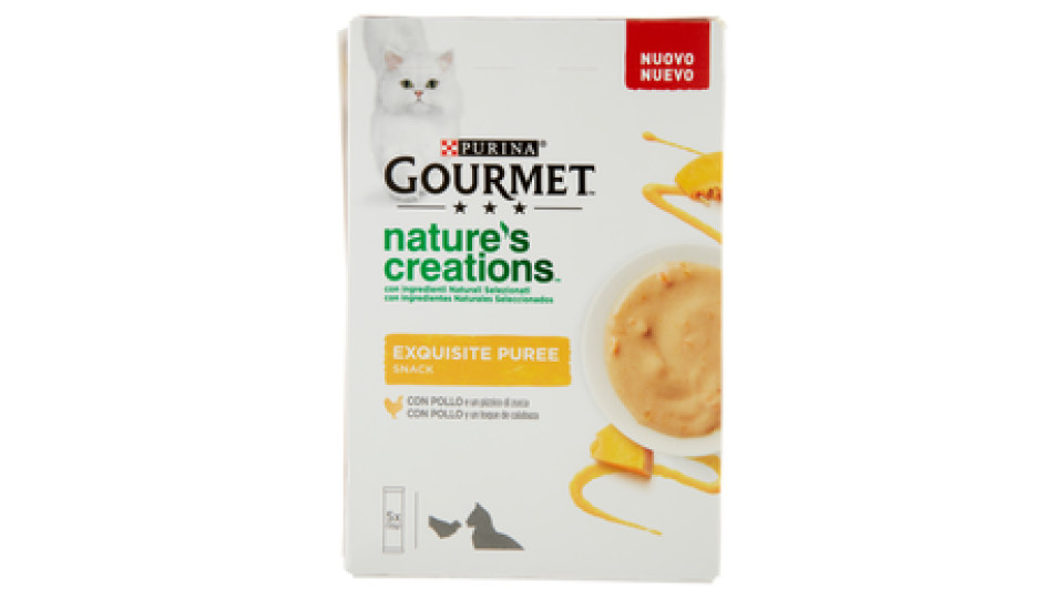 PURINA GOURMET Snack gatto Nature's Creations Exquisite Puree con Pollo e Zucca Multipack 5x10g