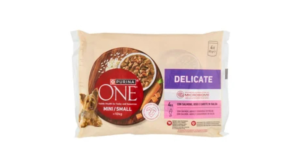 PURINA ONE Mini/Small Delicate con Salmone, Riso e Carote in Salsa 4 x 85g