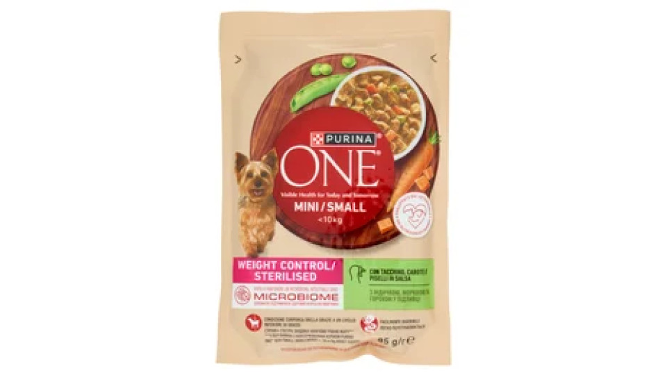 PURINA ONE Mini/Small Weight Control/Sterilised con Tacchino, Carote e Piselli in Salsa 85 g