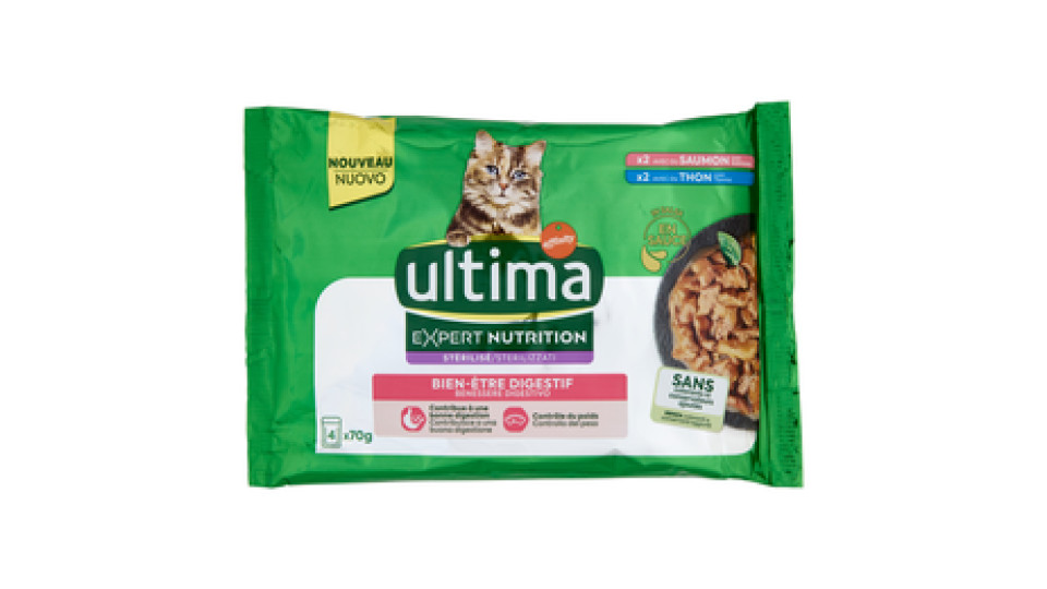 ultima Expert Nutrition Cat Sterilizzati Benessere Digestivo con Salmone, con Tonno in Salsa 4 x 70g