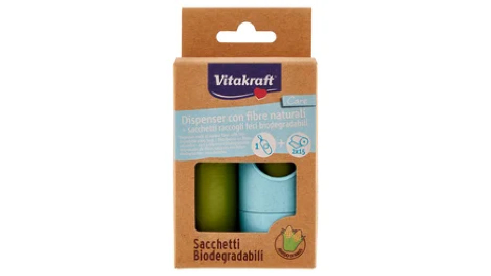 Vitakraft Care Dispenser con fibre naturali + sacchetti raccogli feci biodegradabili 2 x 15 pz