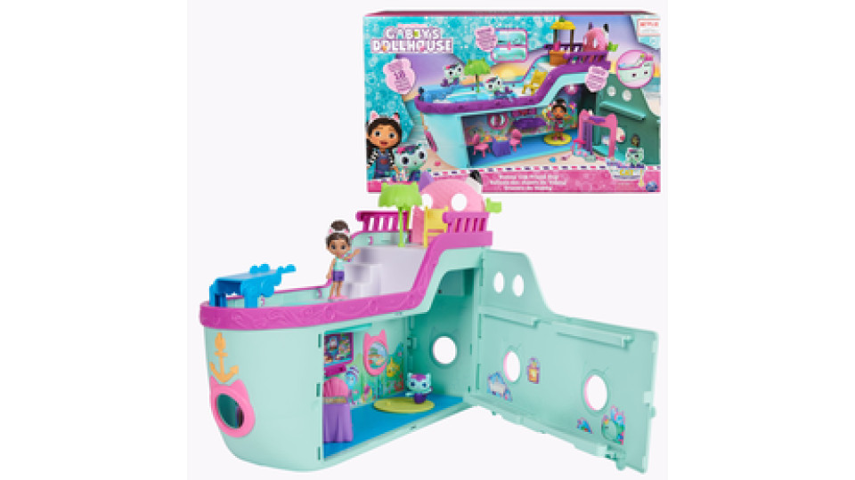 Gabby's Dollhouse , Crociera dei gatti di Gabby, nave da crociera giocattolo con 2 personaggi, giocattoli a sorpresa e accessori per la casa delle bambole, giocattoli per bambine e bambini dai 3 anni in su