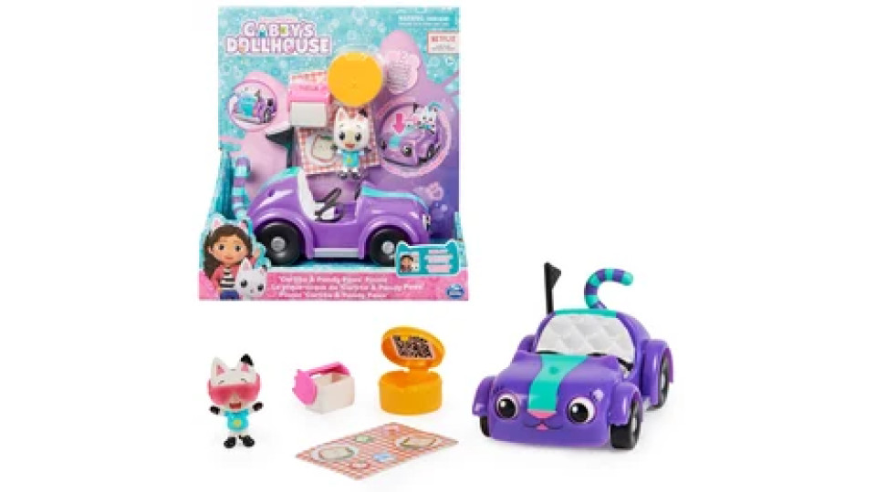 Gabby's Dollhouse , La macchina di Carlita con personaggio Pandi Panda e accessori, giochi per bambini dai 3 anni in su