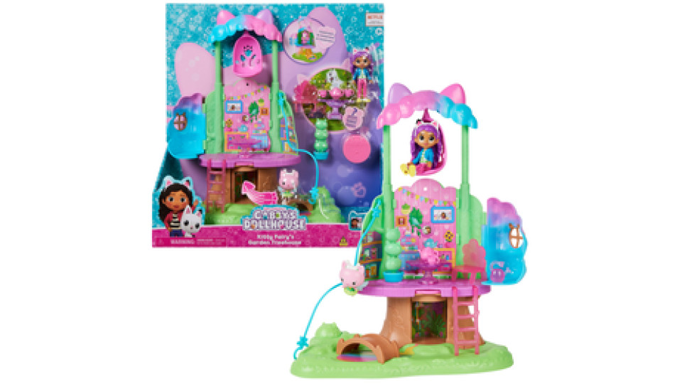 Gabby's Dollhouse , set di gioco trasformabile Garden Treehouse con luci, 2 personaggi, 5 accessori, 1 scatola con sorpresa, 3 mobili, giocattoli per bambini dai 3 anni in su