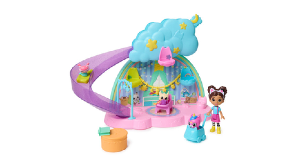 Gabby's Dollhouse , Stanza dei Giochi dell'Asilo Gatto-Orecchio, Set di Gioco da 17 Pezzi con 4 Personaggi e Mobili per la Casa delle Bambole, Giocattoli per Bambine e Bambini, 3+ Anni