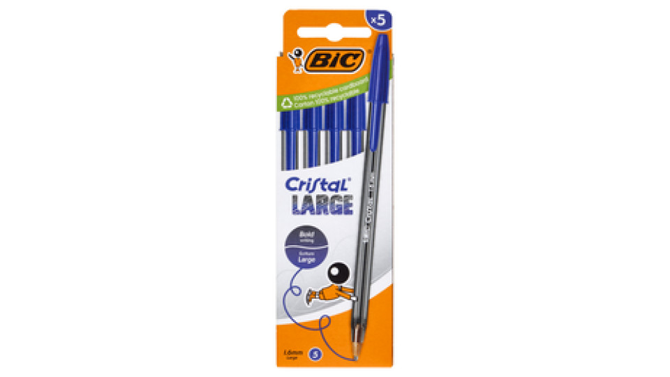 Bic Cristal Large Penne a Sfera Blu 1.6 mm, 5 pezzi