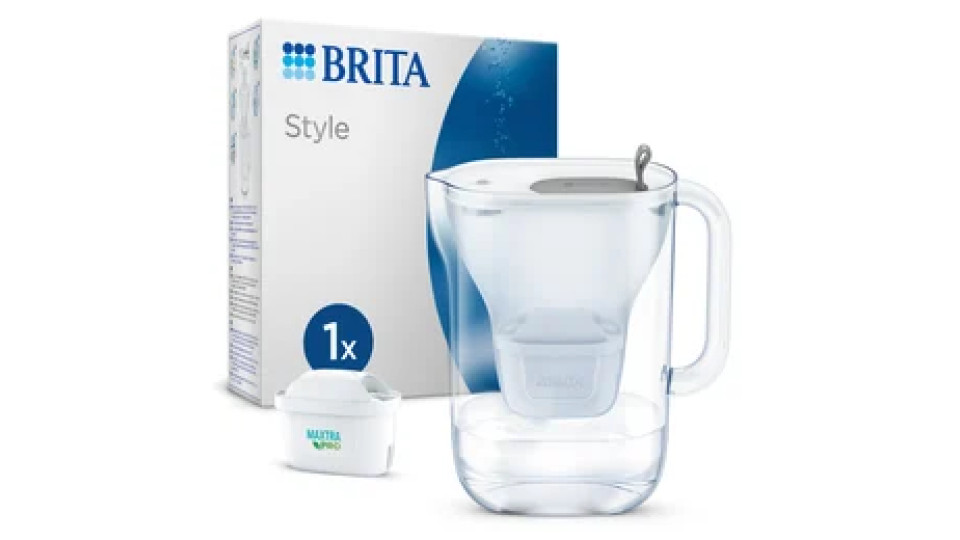 Brita Caraffa filtrante per acqua Style Grey (2.4L) incl. 1 x filtro MAXTRA PRO All-in-1 - caraffa adatta al frigorifero con LED-LTI intelligente & coperchio ribaltabile