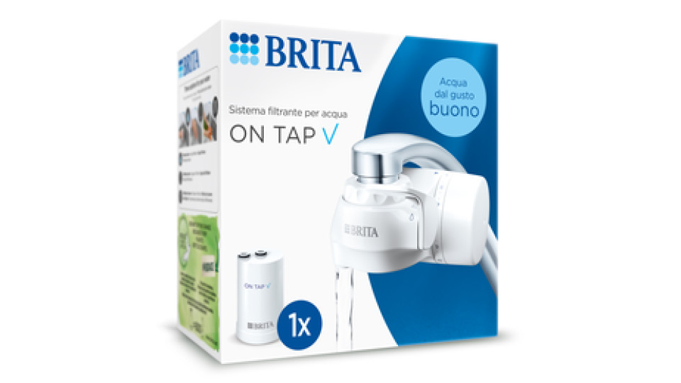 Brita ON TAP V incl. 1 x filtro acqua rubinetto V (4 mesi) - riduce cloro, PFAS, piccole particelle e metalli - indicatore durata filtro manuale