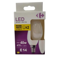 Carrefour 2 led candela smerigliata 40W, attacco E14, luce calda