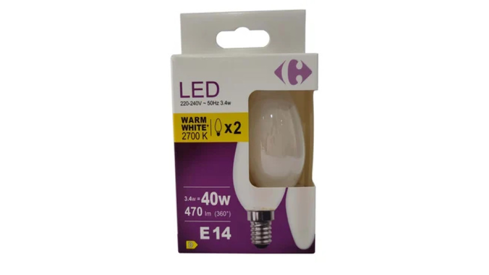 Carrefour 2 led candela smerigliata 40W, attacco E14, luce calda
