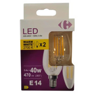 Carrefour 2 led candele con filamenti 40W, attacco E14, luce calda