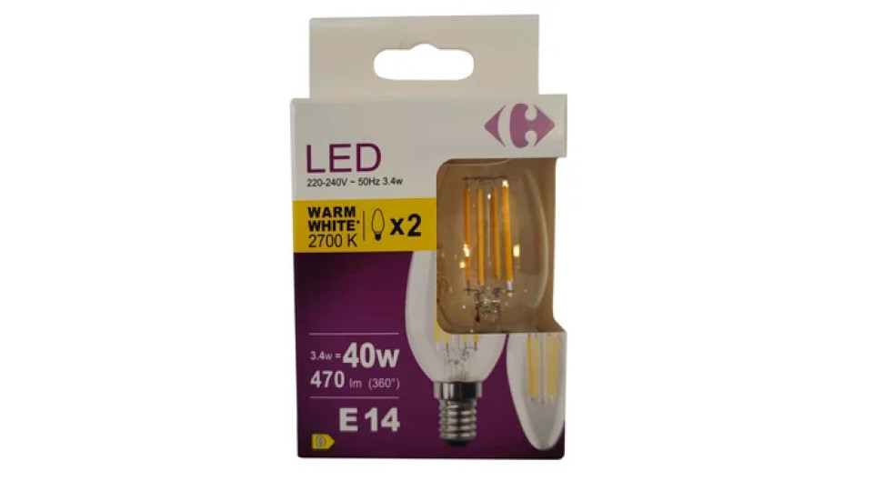 Carrefour 2 led candele con filamenti 40W, attacco E14, luce calda