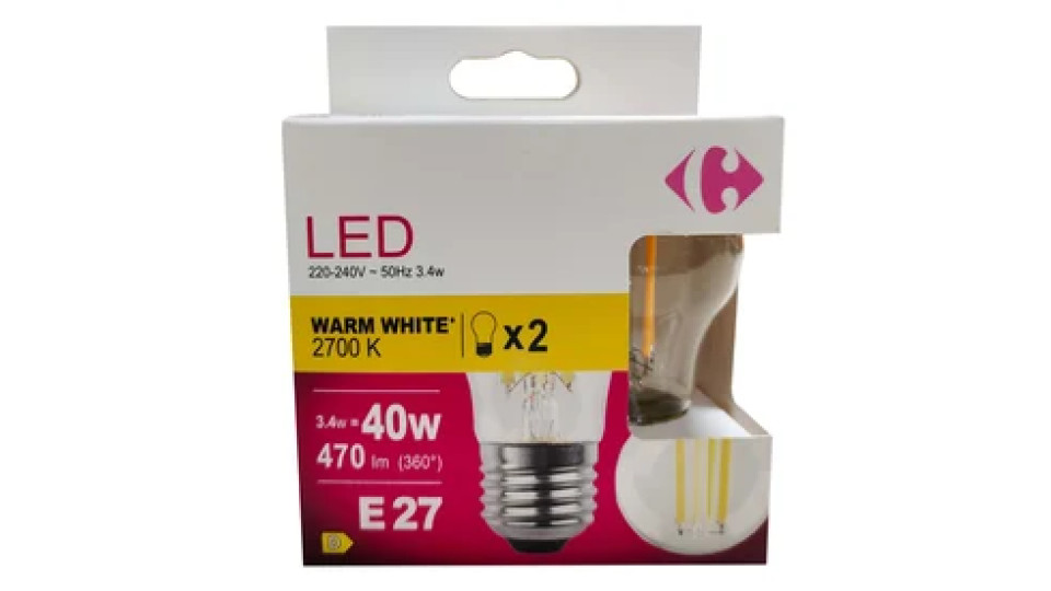 Carrefour 2 led sfer con filamenti 40W, attacco E27, luce calda