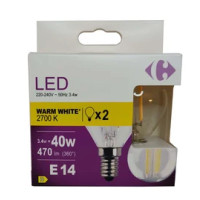Carrefour 2 led sfer con filmaneti 40W, attacco E14, luce calda