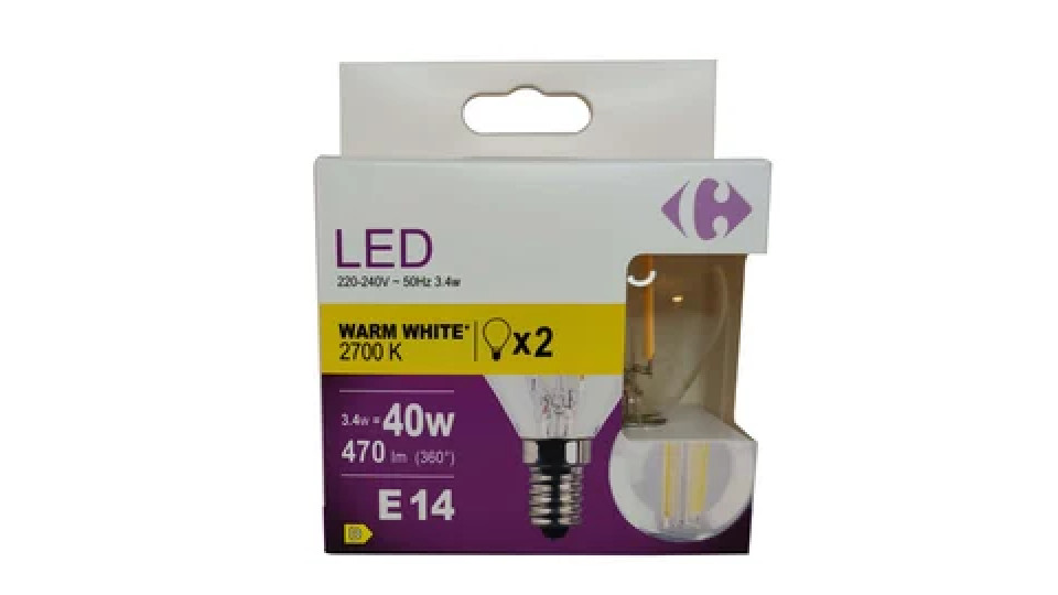 Carrefour 2 led sfer con filmaneti 40W, attacco E14, luce calda
