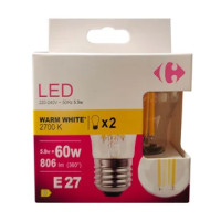 Carrefour 2 led sfer con filmaneti 60W, attacco E27, luce calda