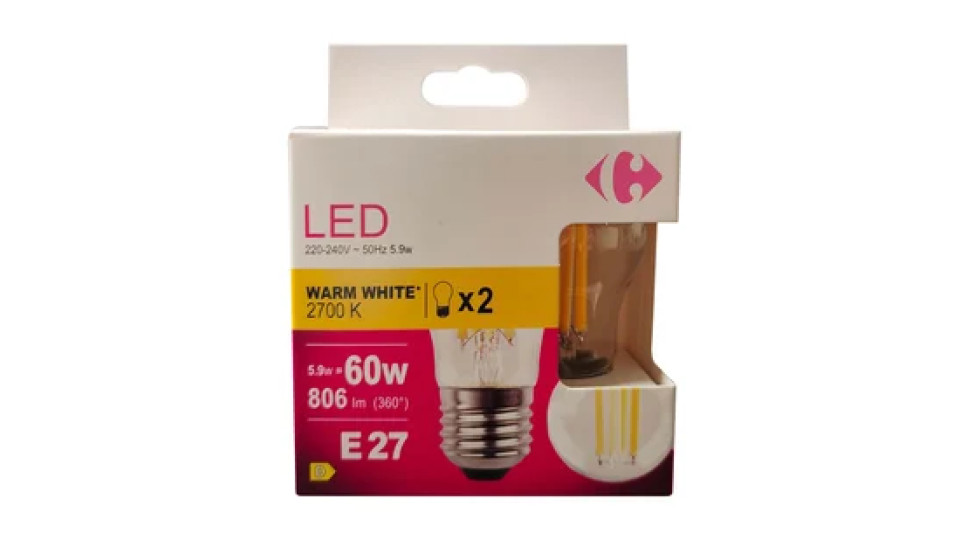 Carrefour 2 led sfer con filmaneti 60W, attacco E27, luce calda