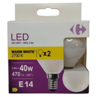 Carrefour 2 led sfer smerigliata 40W, attacco E14, luce calda
