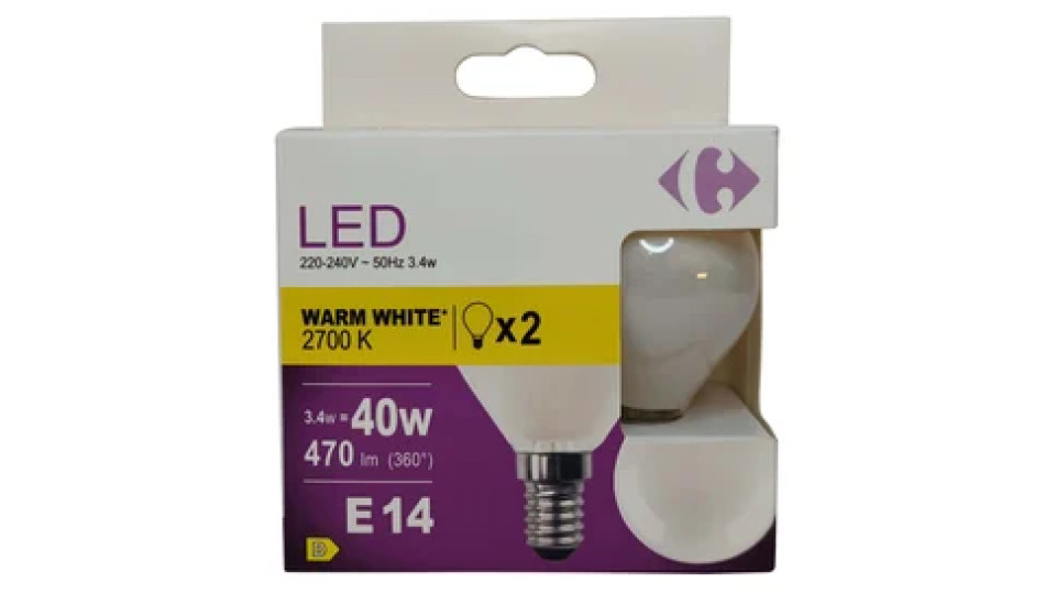 Carrefour 2 led sfer smerigliata 40W, attacco E14, luce calda