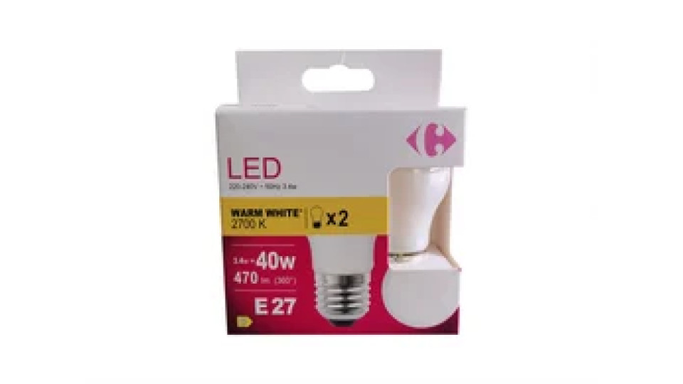 Carrefour 2 led sfer smerigliata 40W, attacco E27, luce calda