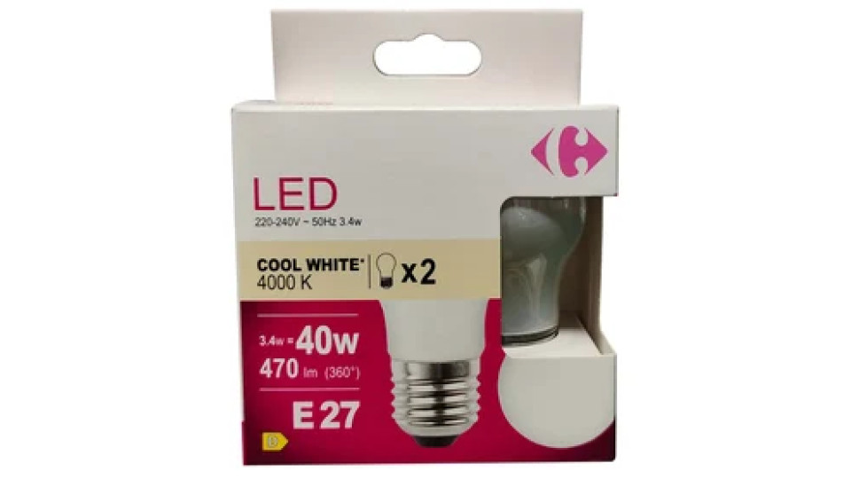 Carrefour 2 led sfer smerigliata 40W, attacco E27, luce fredda