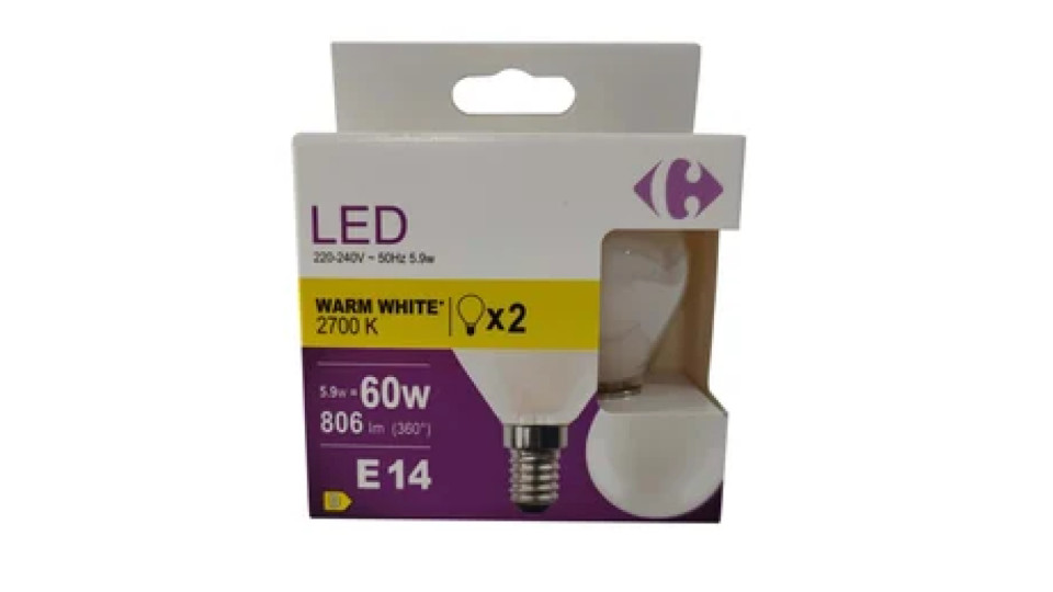 Carrefour 2 led sfer smerigliata 60W, attacco E14, luce calda