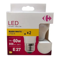 Carrefour 2 led sfer smerigliata 60W, attacco E27, luce calda