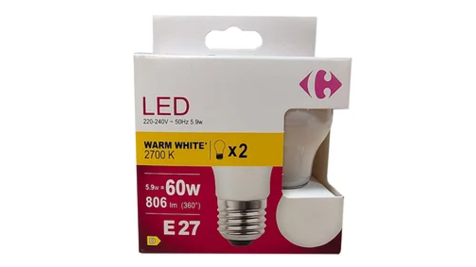 Carrefour 2 led sfer smerigliata 60W, attacco E27, luce calda