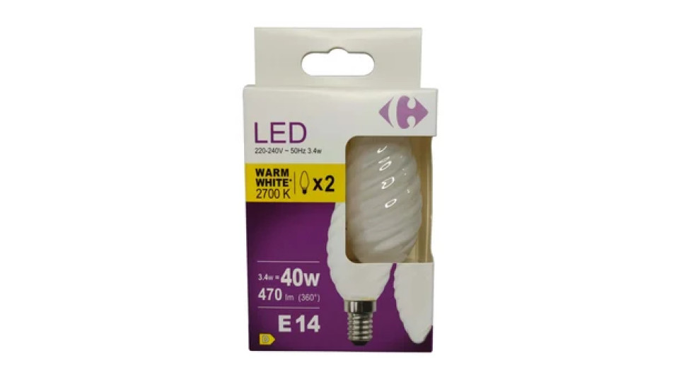 Carrefour 2 led tort smerigliata 40W, attacco E14, luce calda