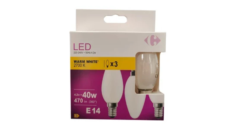 Carrefour 3 led candela 40W, attacco E14, luce calda