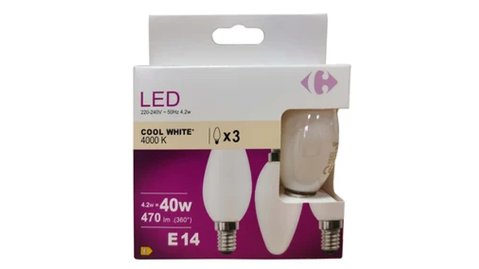 Carrefour 3 led candela 40W, attacco E14, luce fredda