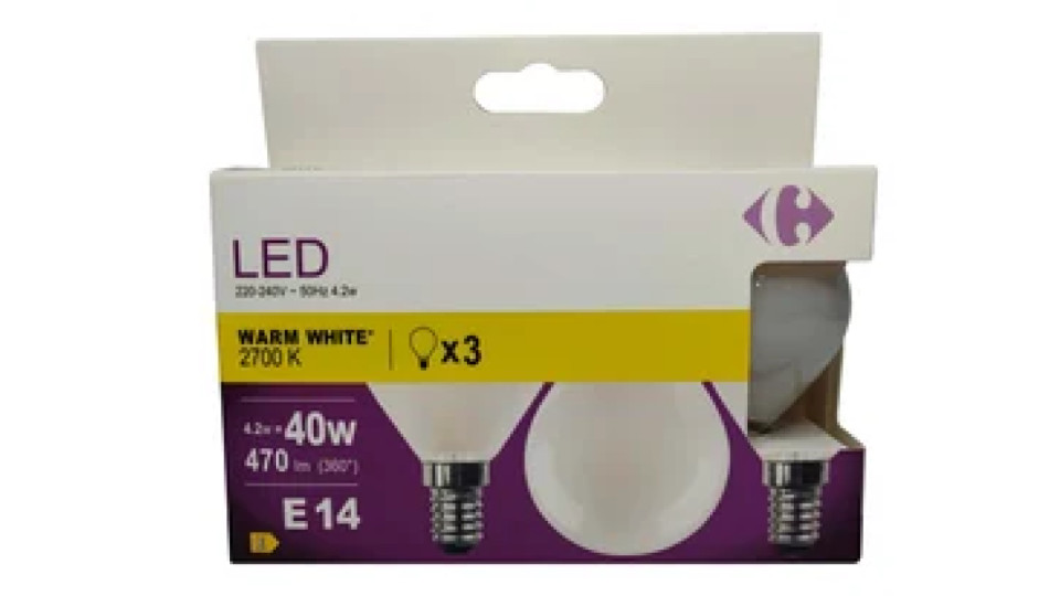 Carrefour 3 led sferica 40W, attacco E14, luce calda