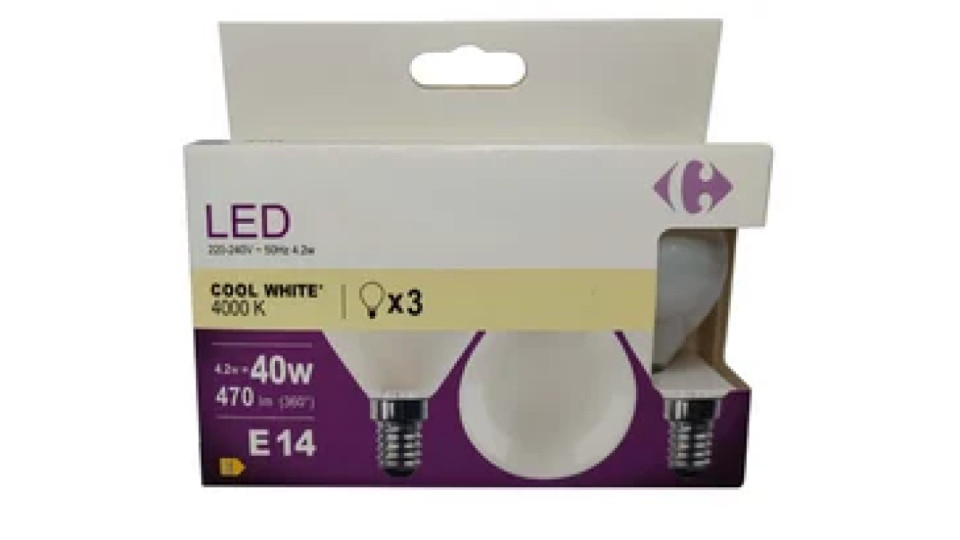 Carrefour 3 led sferica 40W, attacco E14, luce fredda