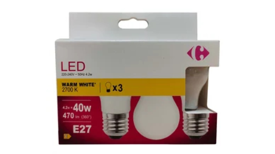 Carrefour 3 led sferica 40W, attacco E27, luce calda