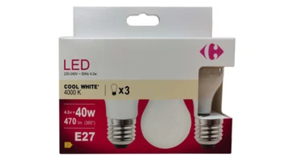 Carrefour 3 led sferica 40W, attacco E27, luce fredda