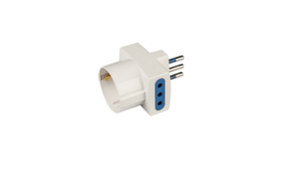 Carrefour Adattatore pluristandard con spina 10A 2P+T, 2 prese 10A 2P+T e 1 presa 10-16A 2P+T(standard italiano 10A e tedesco 16A con terra laterale), IMQ, CE