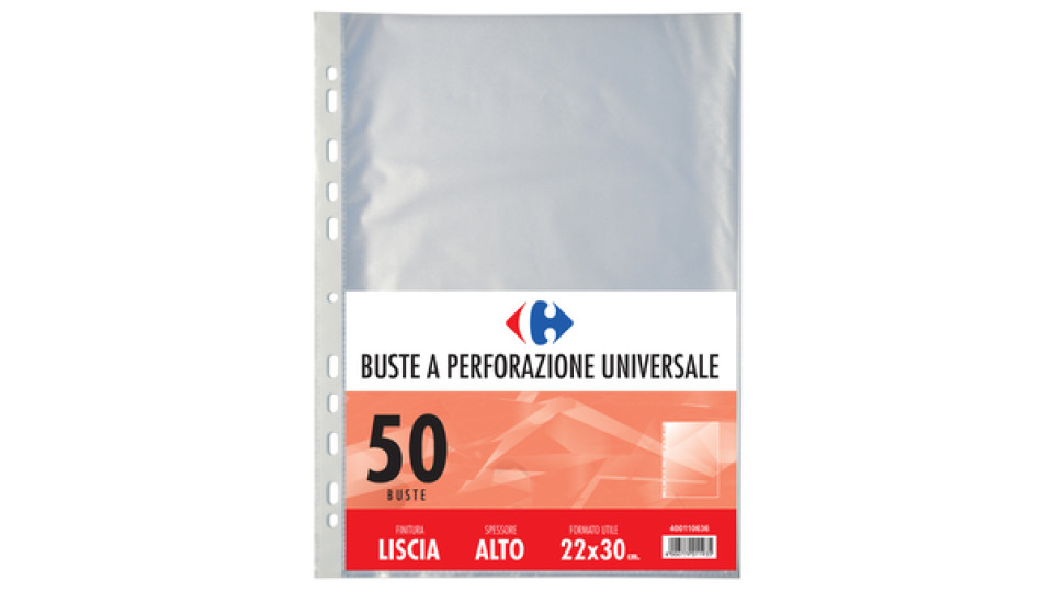 Carrefour Confezione 50 Buste A Perforazione Universale Alto Spessore Finitura Liscia foglio di protezione 210 x 297 mm (A4) Polipropilene (PP) 50 pz