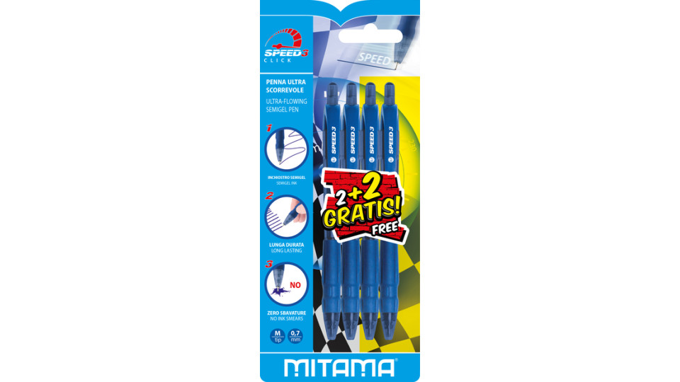 Mitama Penna Scatto Speed 3 Blu Punta 0.7 pz.2 Penna a sfera retrattile a clip Medio 4 pz
