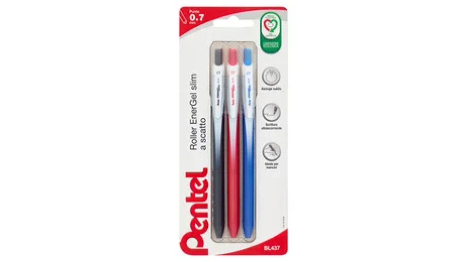 Pentel Roller EnerGel Slim a scatto 0.7 mm 3 pz (nero/rosso/blu)