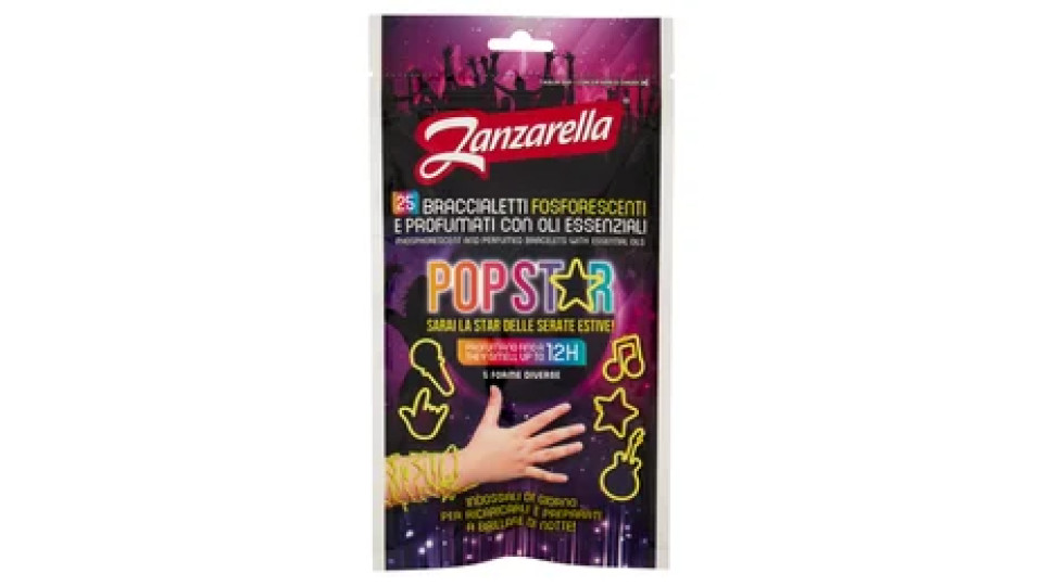 Zanzarella Braccialetti Fosforescenti e Profumati con Oli Essenziali Pop Star 25 pz