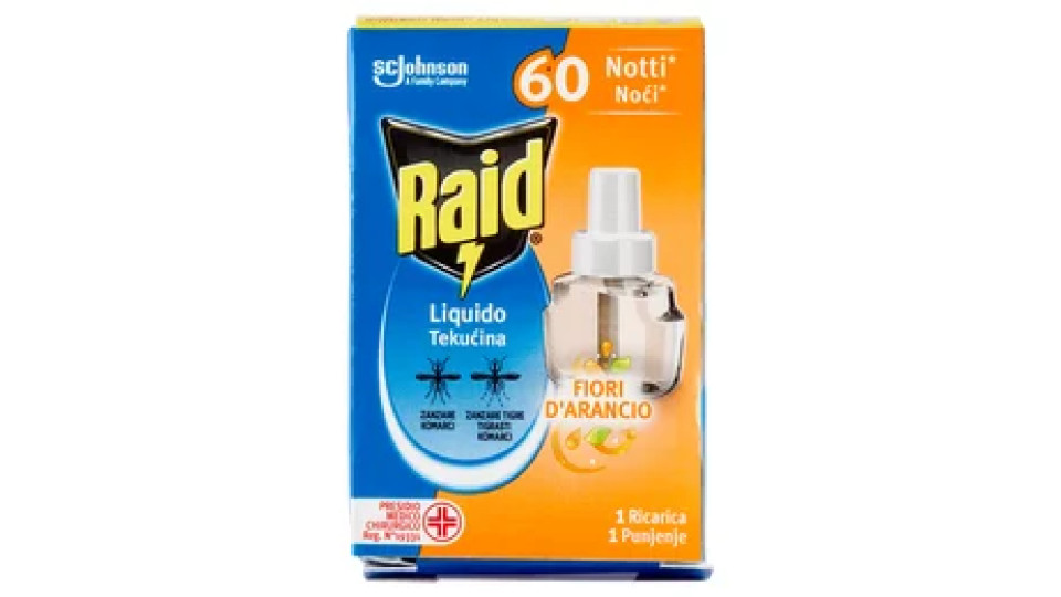 Raid Liquido Elettrico Ricarica, 60 Notti, Fiori d'arancio, 36ml