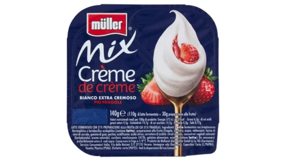 müller Mix Crème de crème Bianco Extra Cremoso Più Fragole 140 g