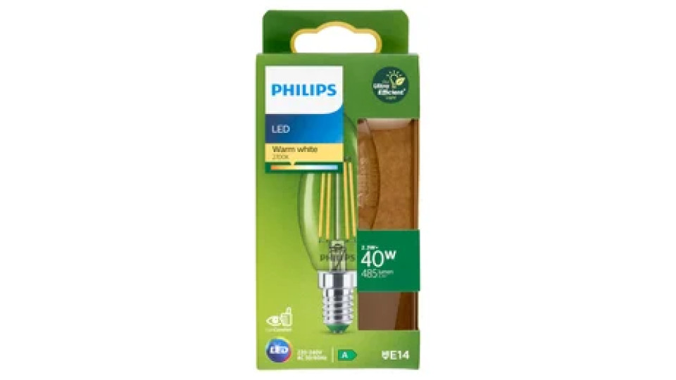 Philips Led Candela Vetro Filamento 40W E14 2700K