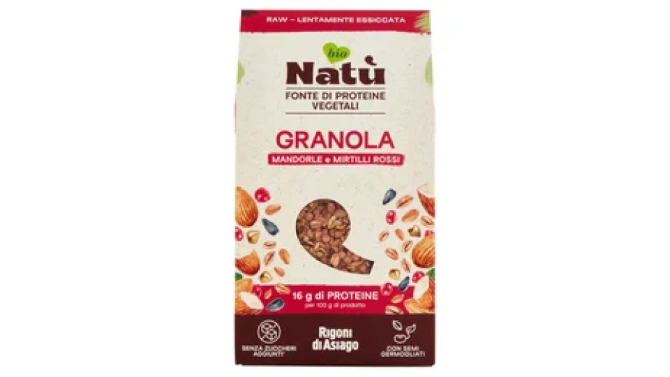 Rigoni di Asiago Natù Fonte di Proteine Vegetali Granola Mandorle e Mirtilli Rossi bio 250 g