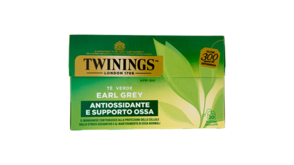 Twinings Earl Grey Tè Verde aromatizzato Bergamotto Antiossidante e Supporto Ossa 20 filtri The 40 g
