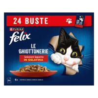 Felix le Ghiottonerie Selezioni Deliziose Cibo umido per gatti adulti con Manzo, Pollo, Agnello e Coniglio, 24 bustine da 85g